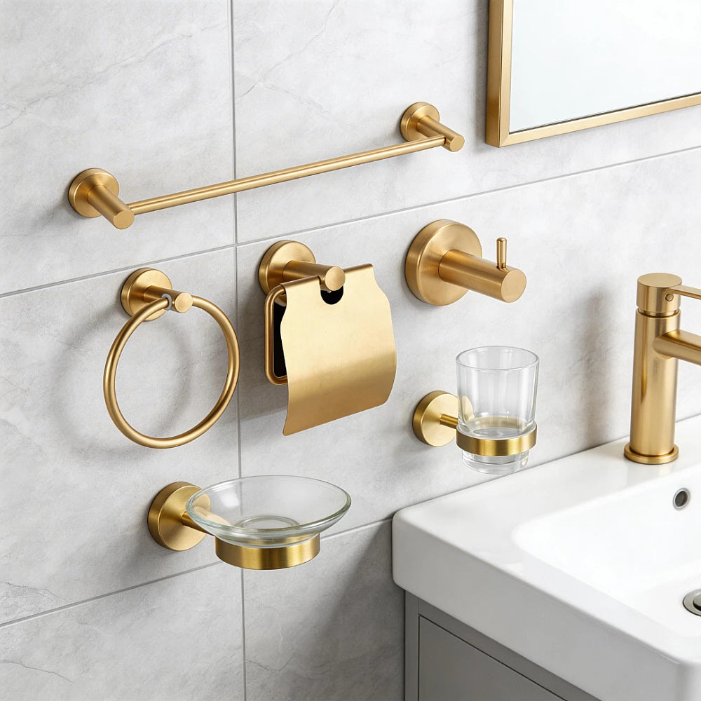 Golden bathroom accessory set
